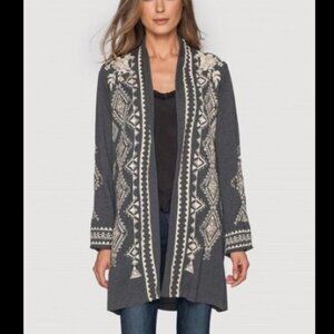 Johnny Was Tulla Cardigan Womens Large Gray Embroidered Floral Open Front Boho